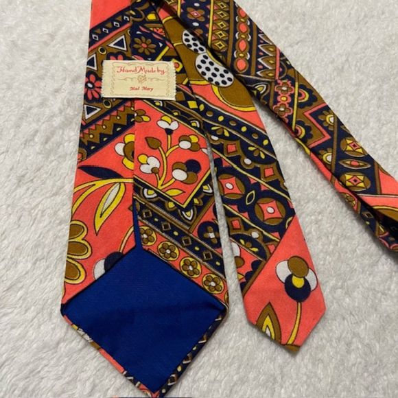 Hand Made by Mad Mary Orange Multicolored Floral Print Statement Neck Tie - Picture 3 of 5